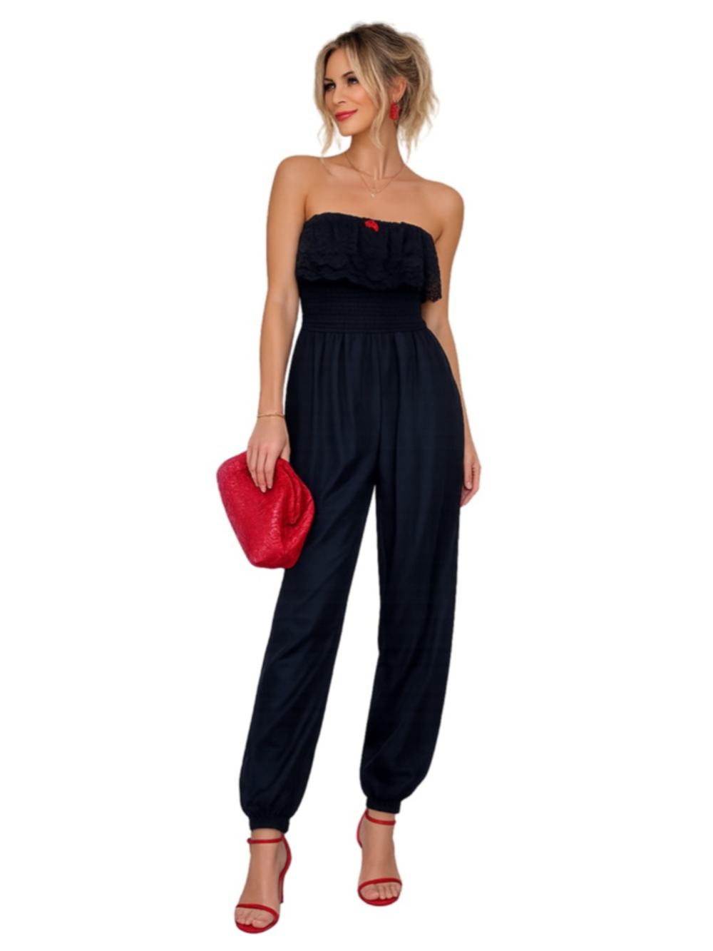 Vintage Black Lace and Satin Strapless Jumpsuit Lingerie Inspired Grunge Pants